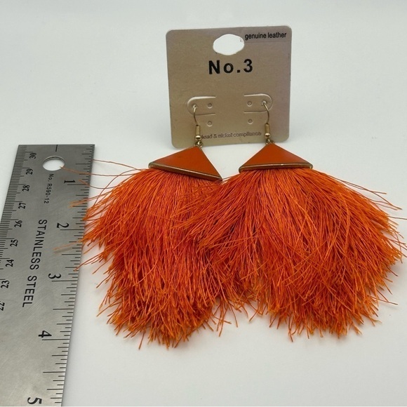 No. 3 Orange Genuine Leather Dangle Large Tassel Earrings Gold Tone Hook - Picture 5 of 6